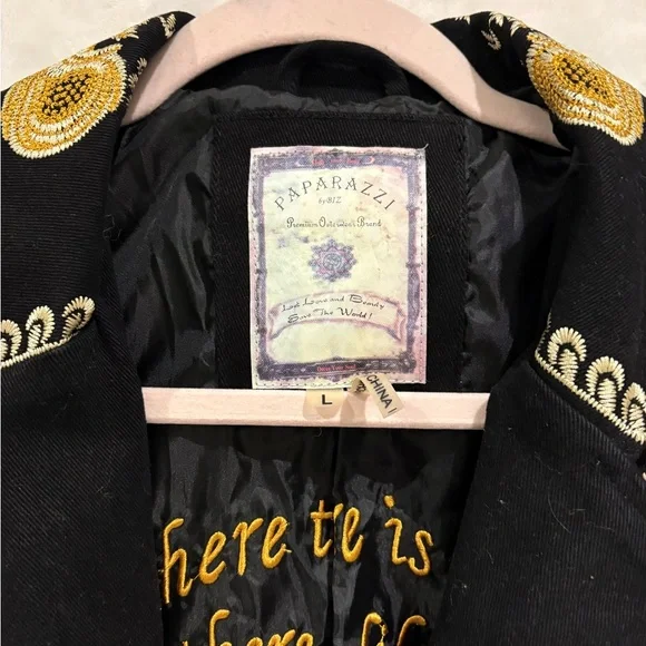 PAPARAZZI BY BIZ Jacket Black Twill Floral Embroidered Boho Coat M W/Pockets - Picture 4 of 8